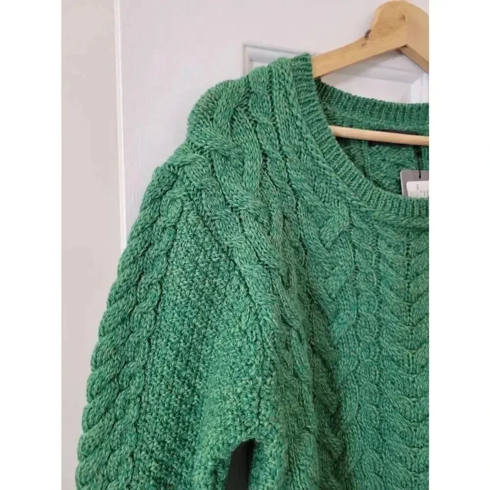 Irelandseye knitwear Primrose A-Line Cable Round Neck Sweater Green Marl L NWT $